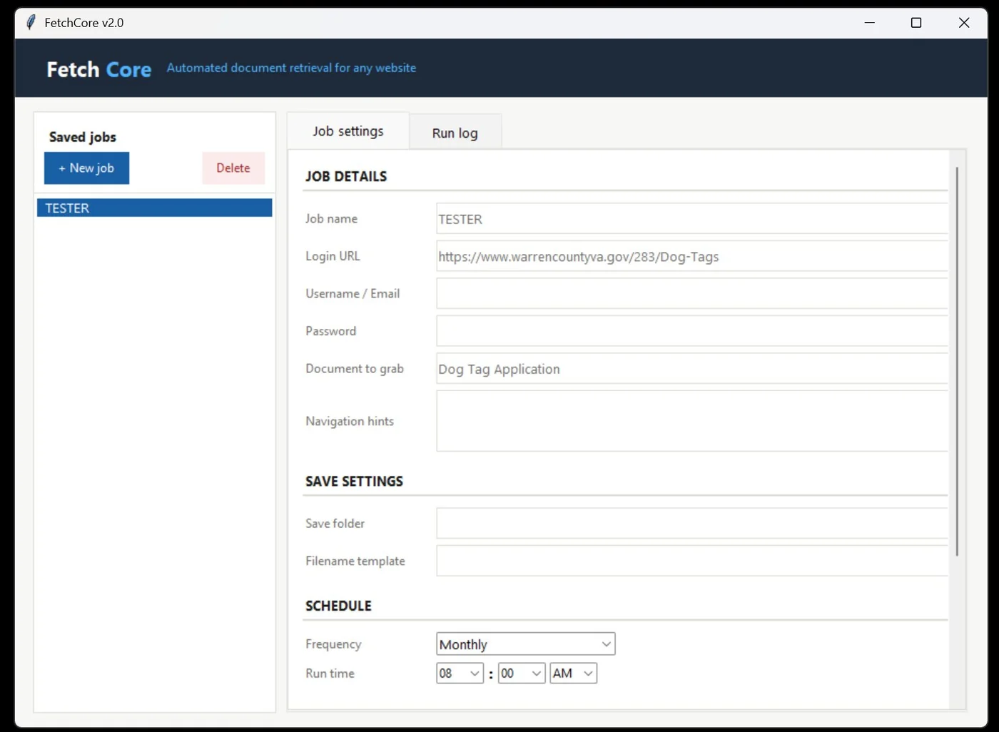 FetchCore job settings screen with login URL, document to grab, and schedule