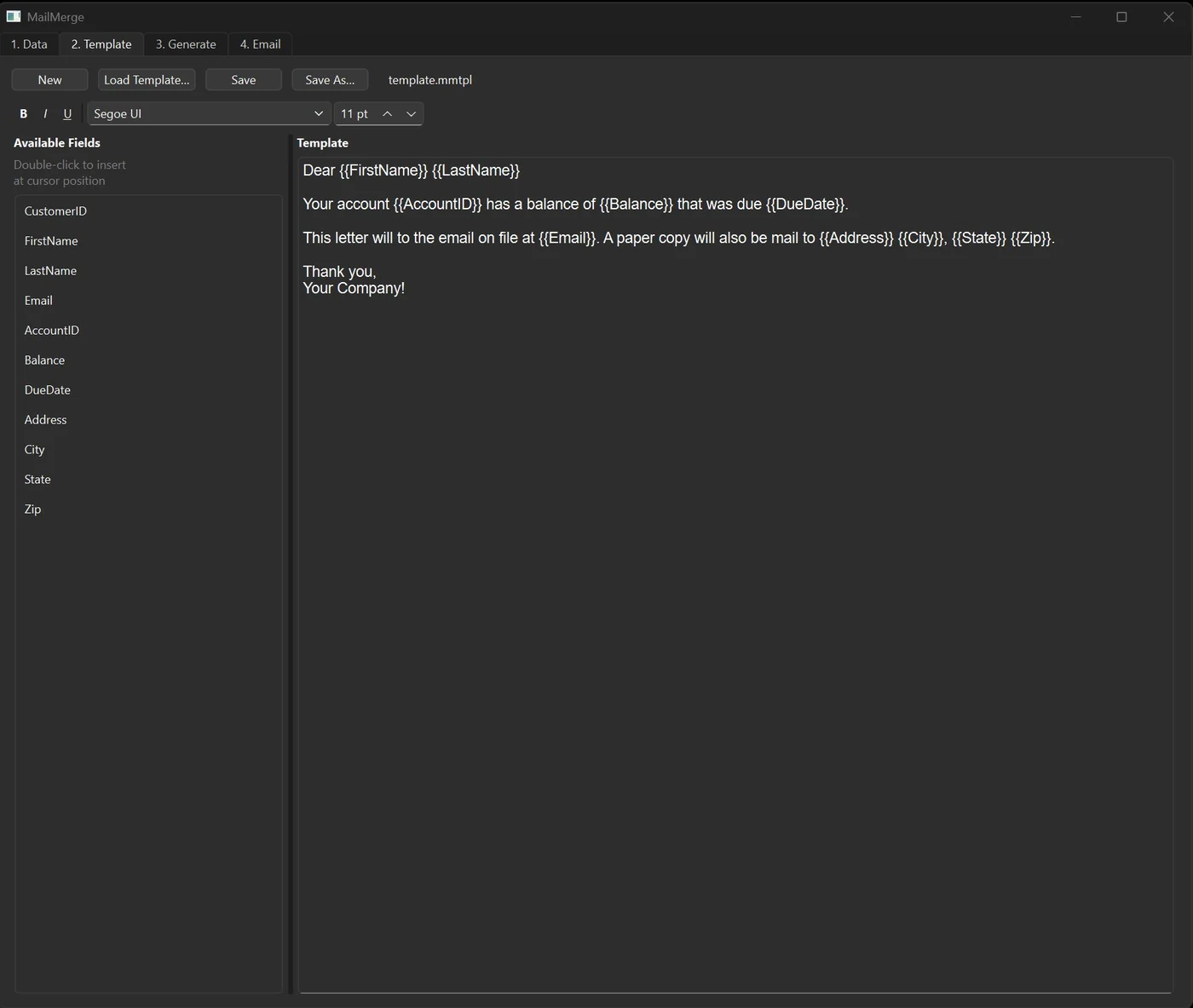 MailMerge template builder showing merge fields and a live letter template