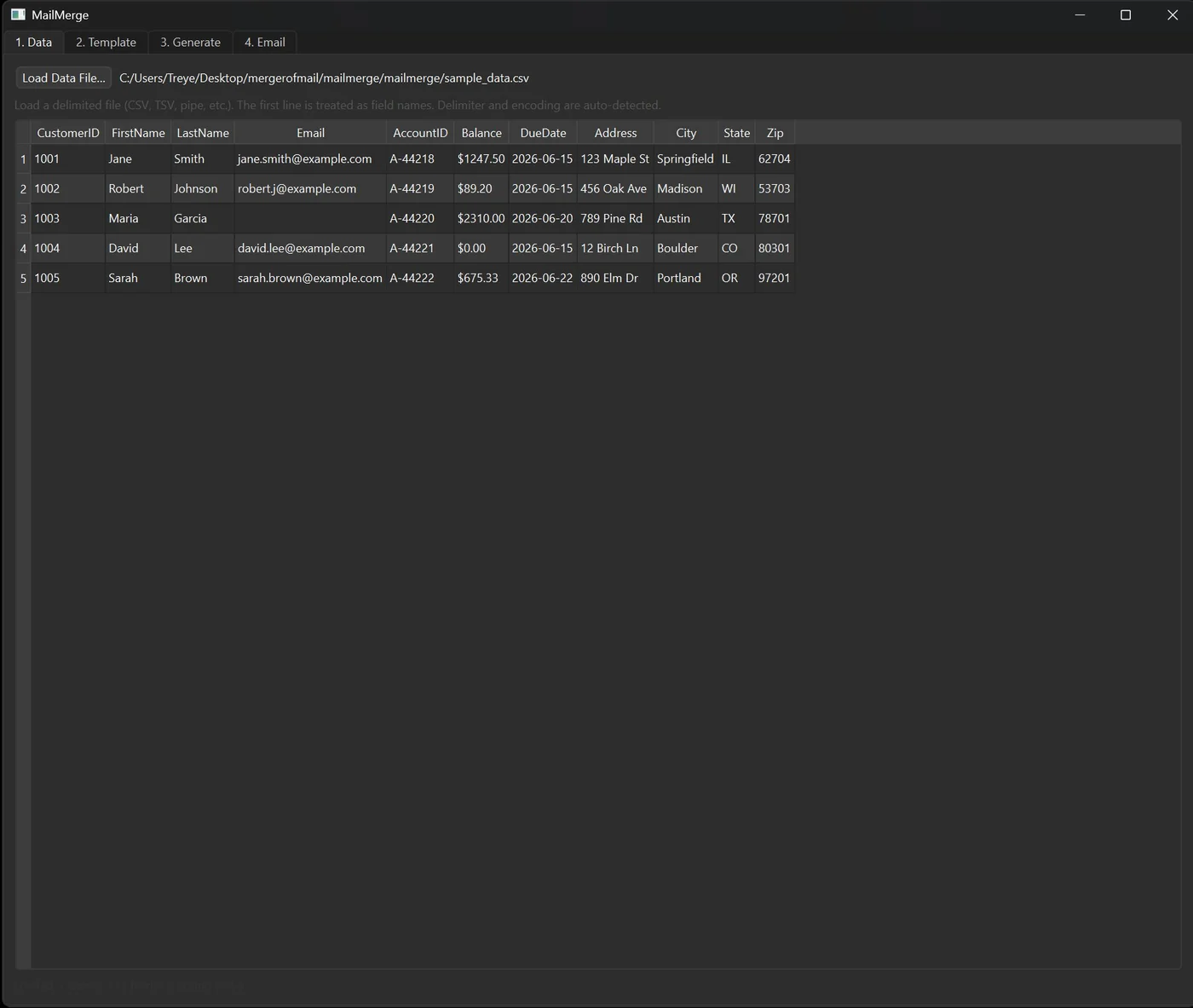 MailMerge data tab with loaded spreadsheet